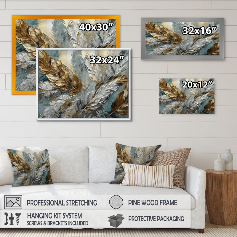 Argent et or Expressions de la liberté I - plume bohème, art mural, H 12 po x l 20 po x P 1 po, Cadre noir