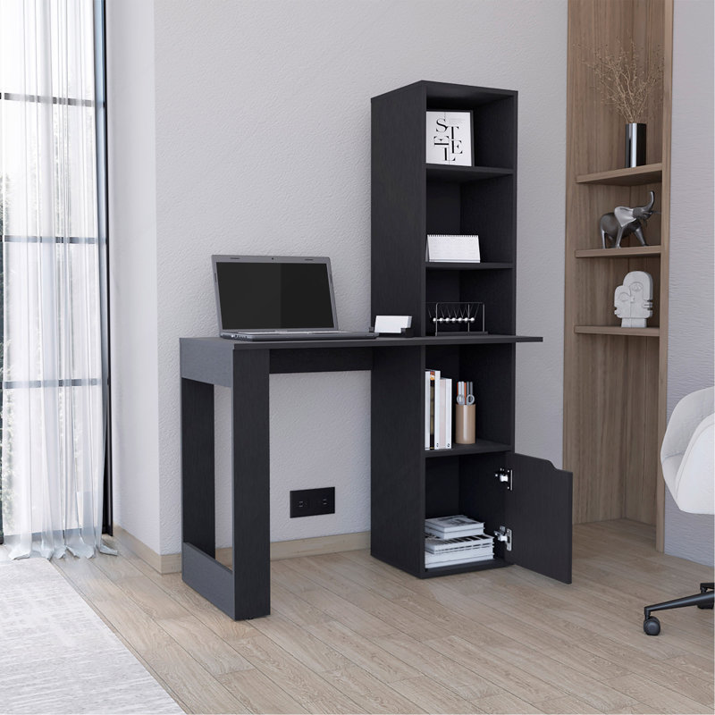 Bureau d'ordinateur avec 1 armoire et bibliothèque à 4 niveaux, Noir