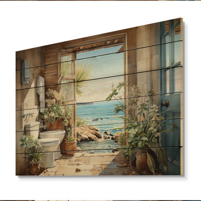 «Bathroom Bathroom Coastal Escape I», reproduction sur bois sans cadre