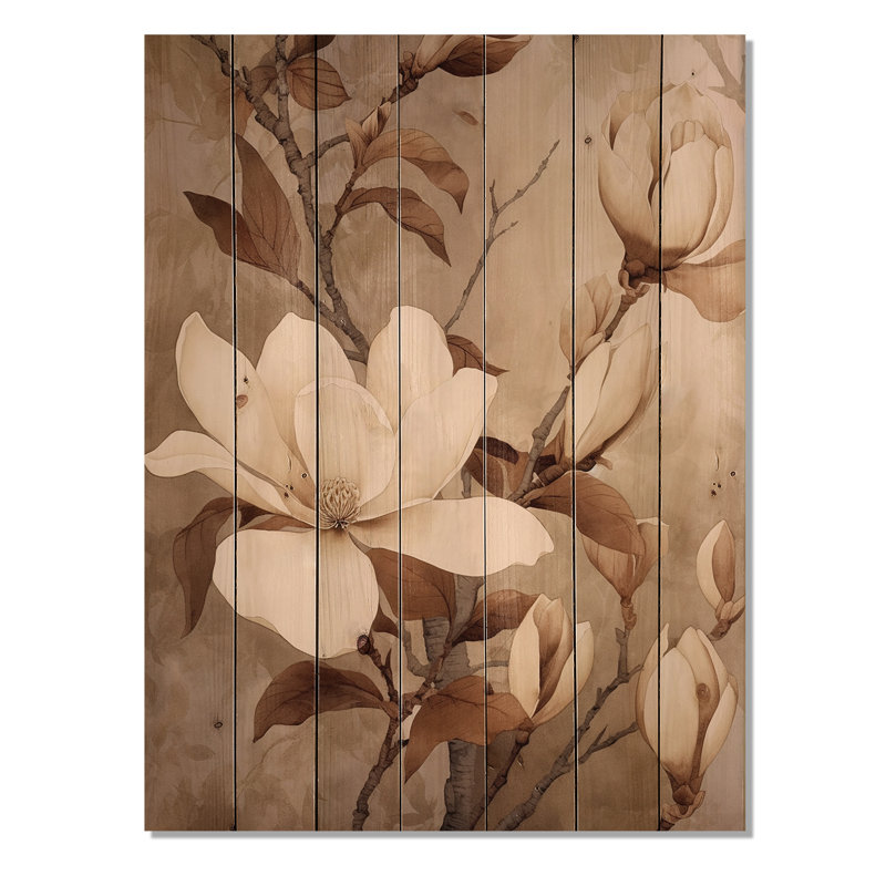 Blanc blanc brun Magnolias Nature Serenity - impression sans cadre sur bois, H 20 po x l 10 po x P 0,78 po