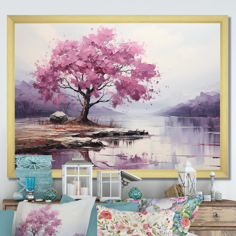 Fleur de cerisier mauve au bord du lac II - Art mural cerisier en fleurs, Cadre doré à coins fermés