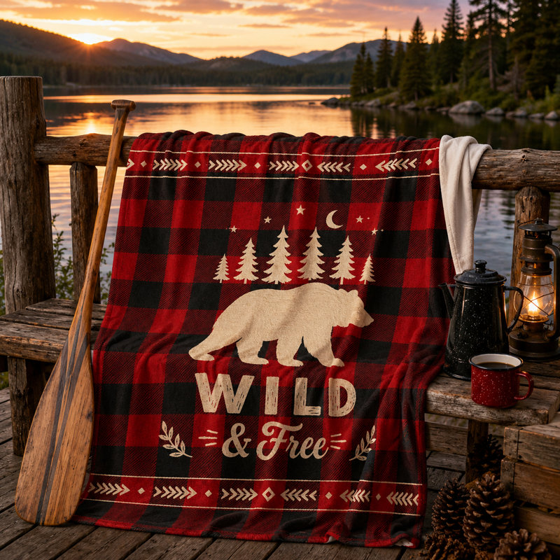 Plaid en flanelle à carreaux Buffalo, motif ours, pins, lune et bordure de flèches rustiques, imprimé forêt rouge et noir, idéal pour canapé, lit, chalet ou maison de campagne, 76 x 102 cm