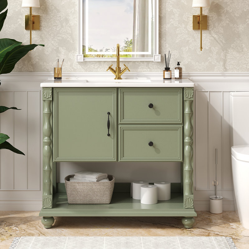 Meuble-lavabo simple 36 po avec lavabo en céramique intégré, tiroir, armoire, tablette ouverte et pieds en bois massif, Vert