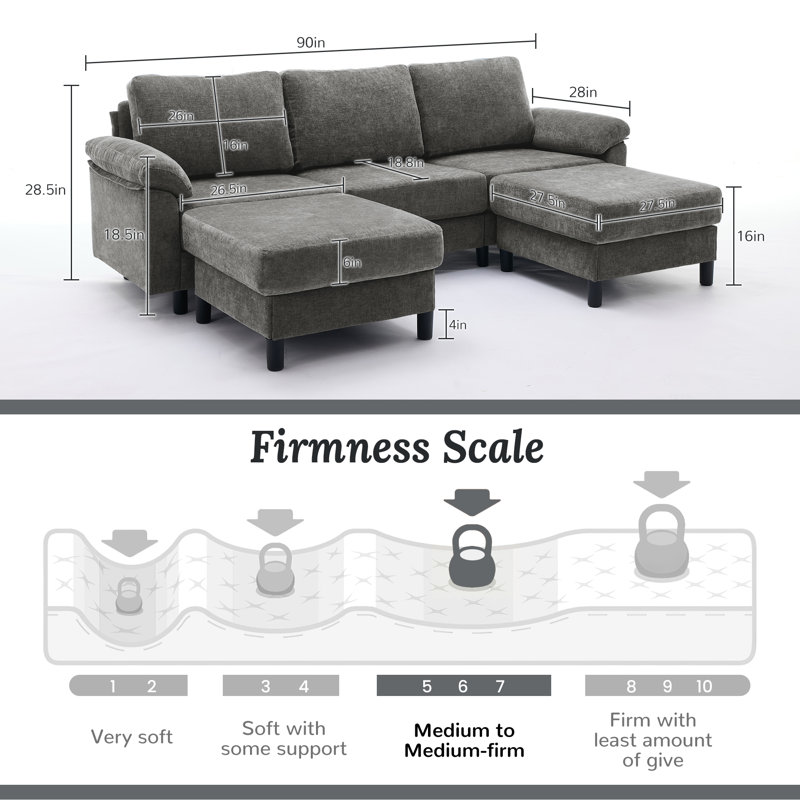 90" Comfy Modern U-Shaped Sectional Sofa with Two Ottomans, Gray