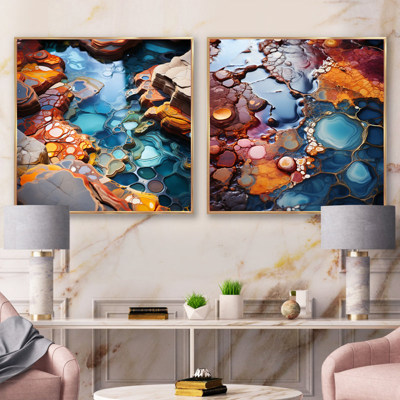 Intertwine Water Fusion - Ensemble de 2 collages carrés de paysages abstraits, Cadre flottant doré, H 16 po x l 33 po