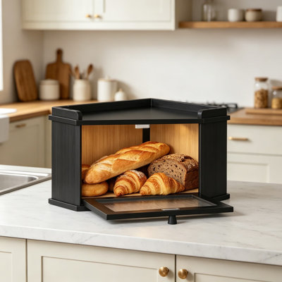 Boîte à pain en bambou avec porte en acrylique ondulée, corbeille à pain de coin de comptoir de cuisine, contenant de rangement pour le pain, les fruits et les essentiels, bambou naturel