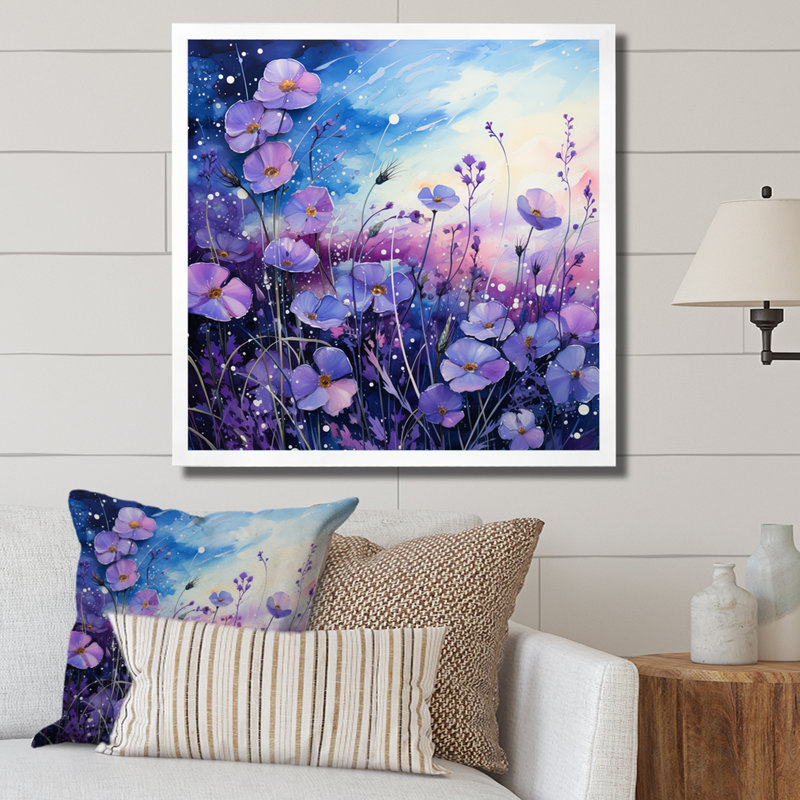 «Violets Field Pointillism Dot III», reproduction sur toile, H 16 po x l 16 po x P 1 po, Cadre simple blanc