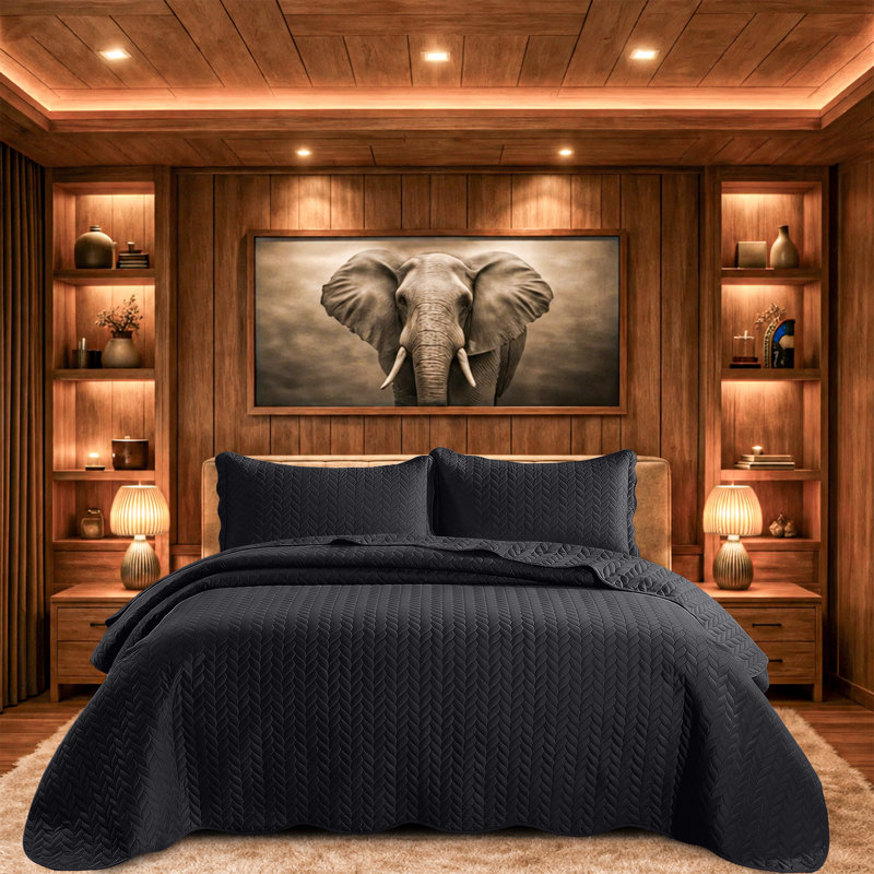 Microfiber Embossed Oversized Bedspread Set With Shams – Modern & Contemporary, Machine Washable, Dust-Resistant, Black