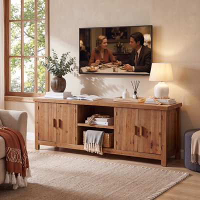 63" Wood Tv Stand For Tvs Up To 70", Farmhouse Media Console With 2 Cabinets  Open Storage Shelves, Entertainment Center For Living Room