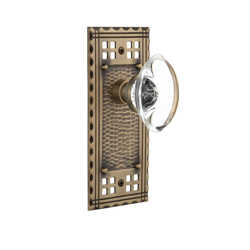 Craftsman Plate with Oval Clear Crystal Door Knob, Antique Brass