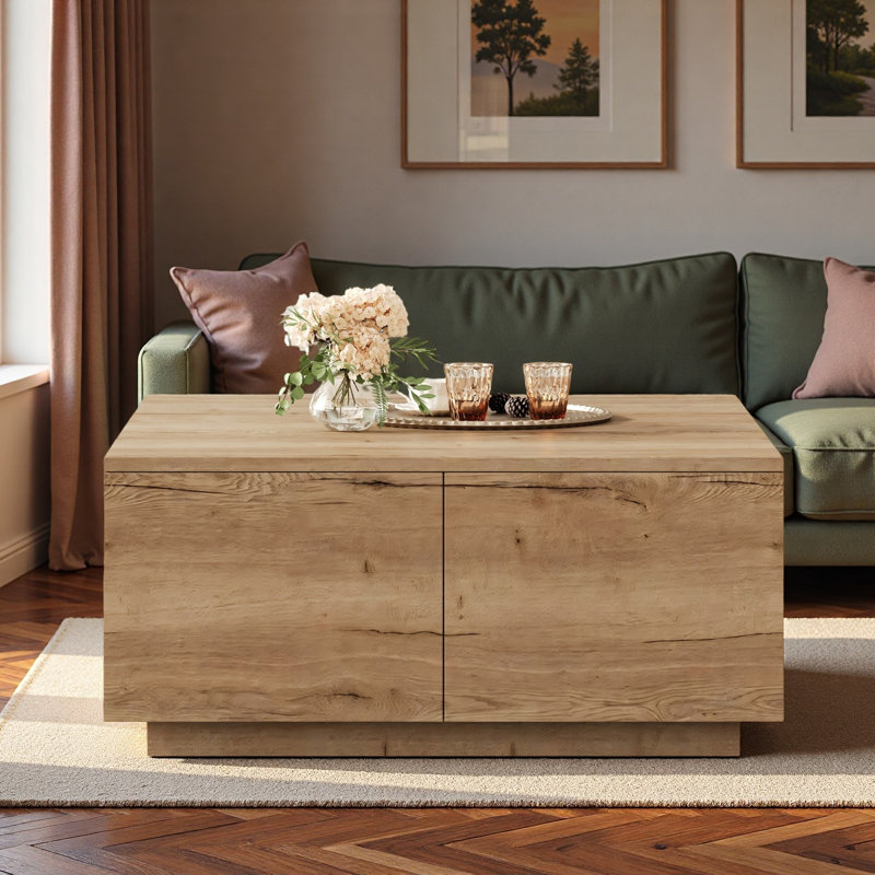 Table basse moderne carrée avec 4 tiroirs, Naturel
