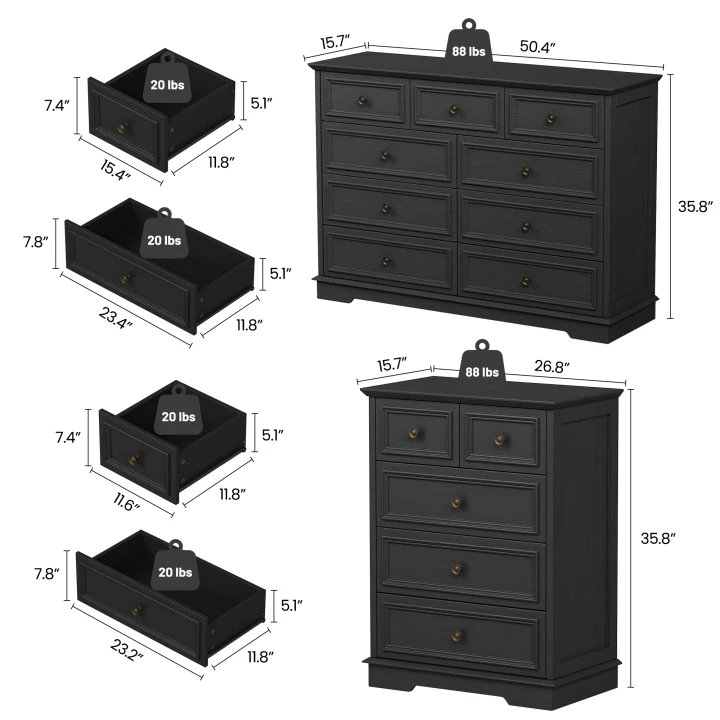 Vintage 3-Piece Bedroom Set: 9-Drawer Double Dresser And Set of Two 5-Drawer Tall Chest, Black