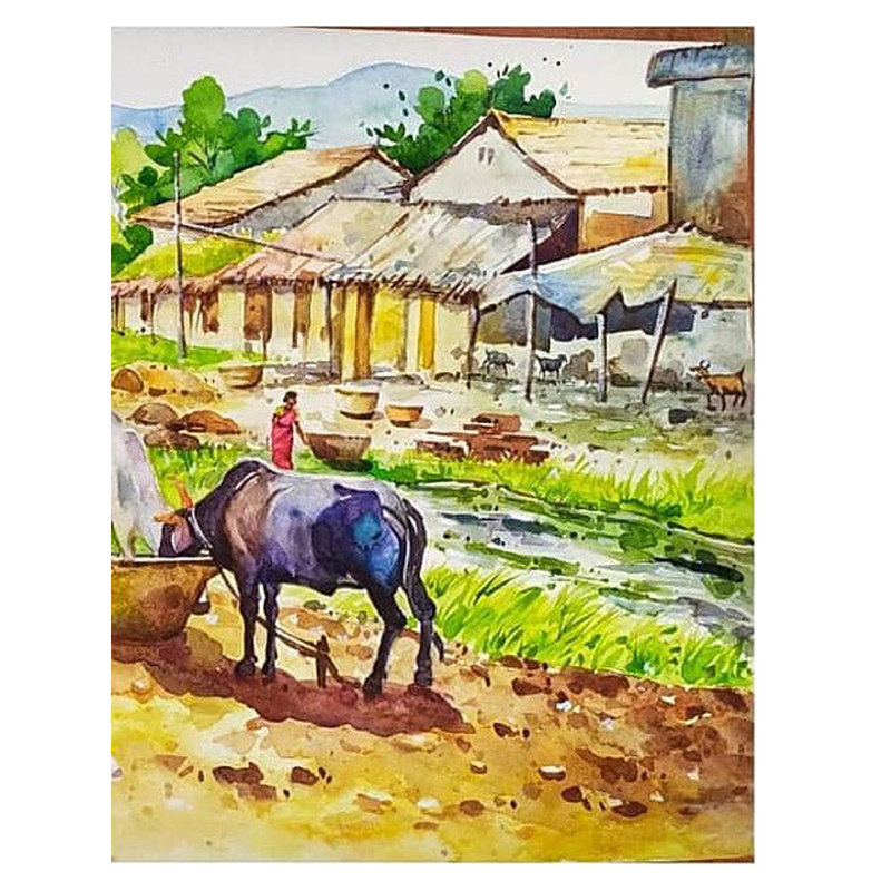 Village Village, vie matinale, paysage | Aquarelle sur papier