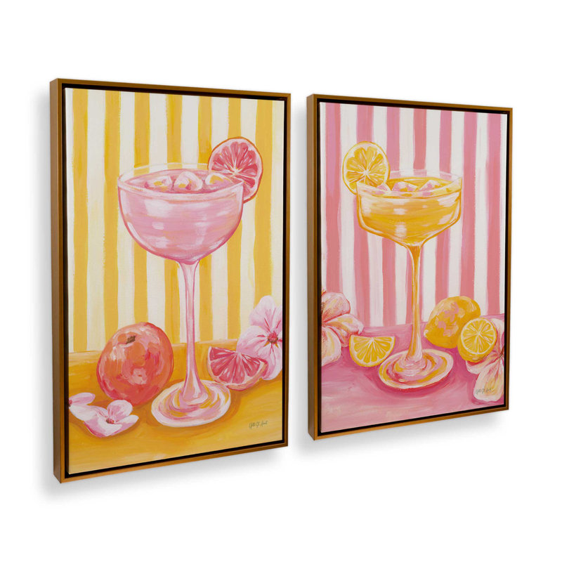 «Pink Drink Energy», ensemble de 2 impressions, 30 po x 20 po, Toile avec cadre, Or poli