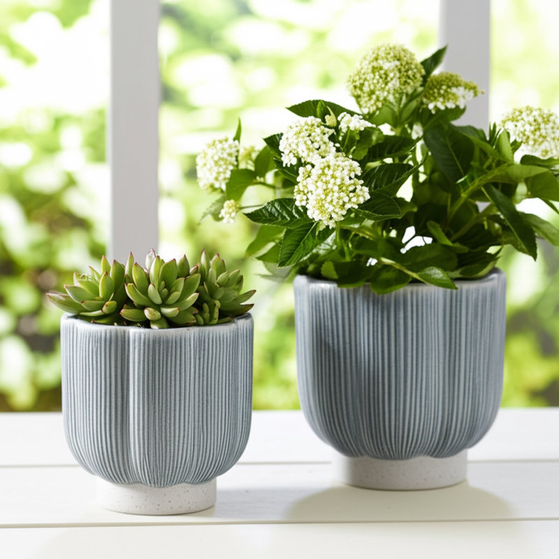 Aedin Stoneware Planters Garden Trend Modern Decorative Containers For Indoor Outdoor Display Set Of 2, Ivory/Blue