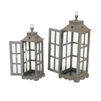 2 Piece Wood Tabletop Candle Lantern Set