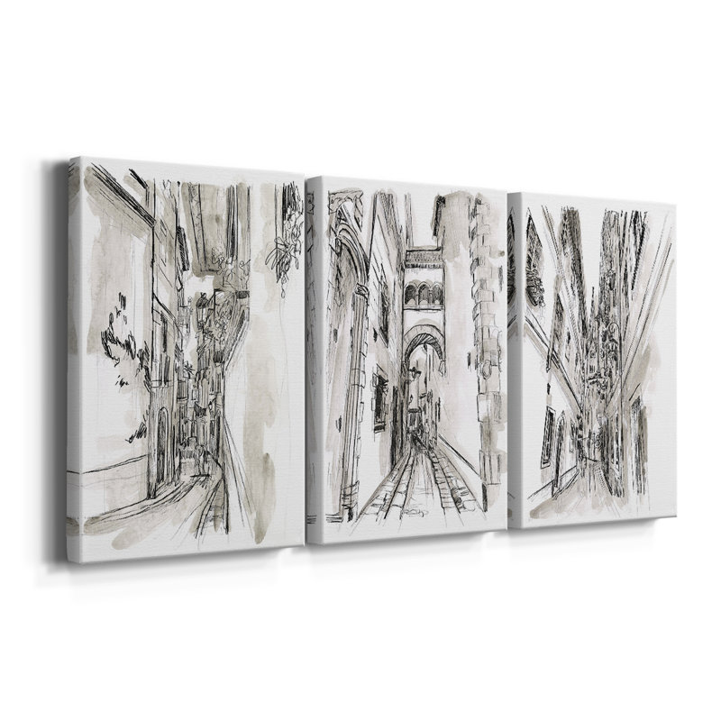 Europe Street Sketches I - Toile tendue avec châssis sur mesure - 3 pièces, H 12 po x l 24 po