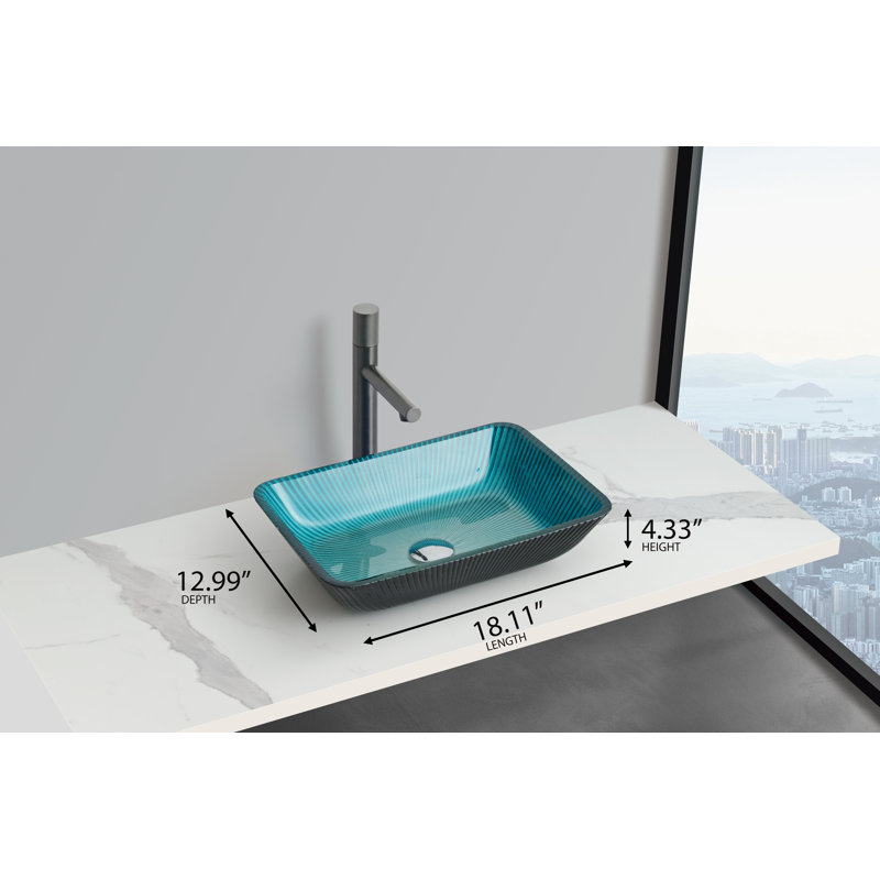 18" Tempered Glass Rectangular Vessel Bathroom Sink, Blue