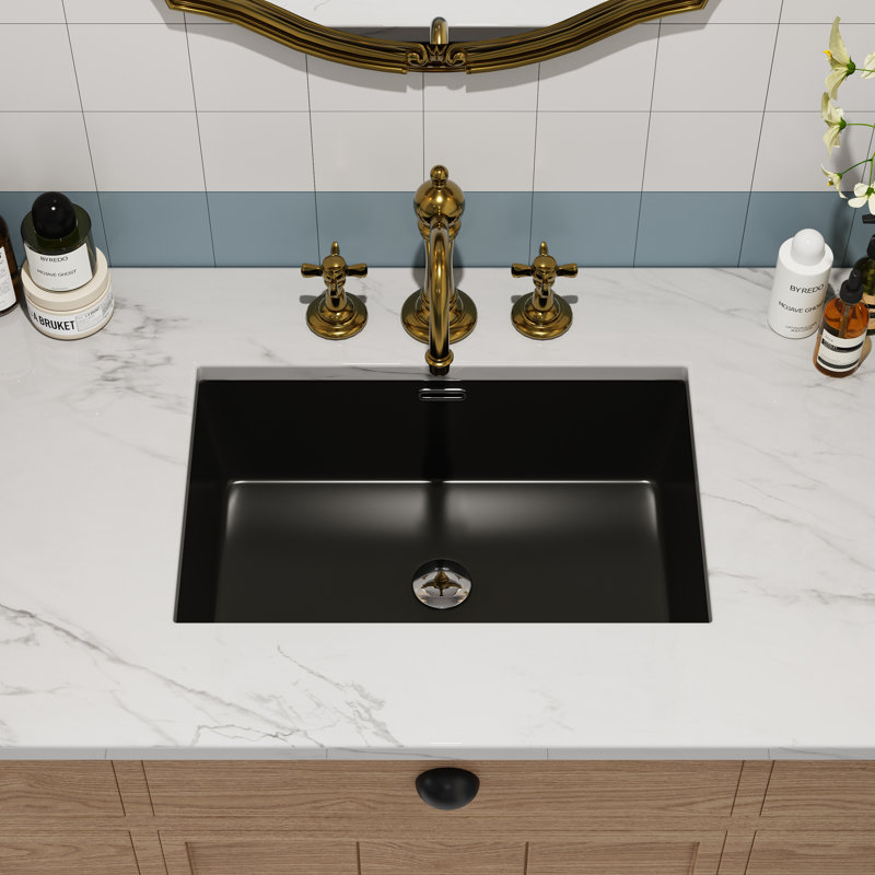 Lavabo de salle de bain encastré en céramique blanche avec trop-plein 23,60 po x 15,55 po ClarityPure, Noir, noir, noir, noir