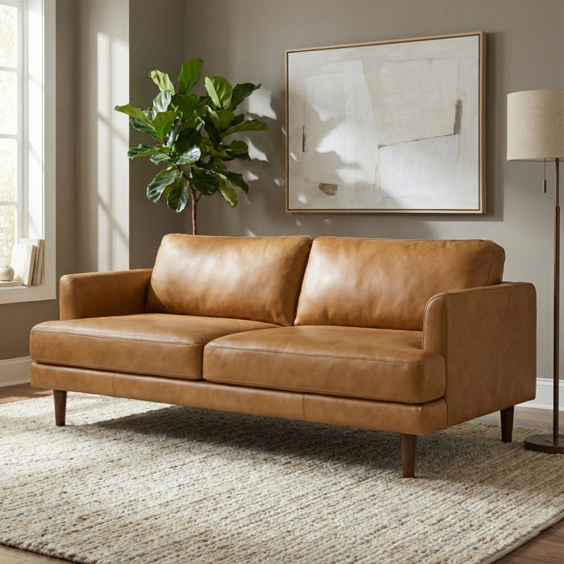 Canapé Mid-Century moderne en cuir véritable Livingston, L 76 po, Terre de Sienne
