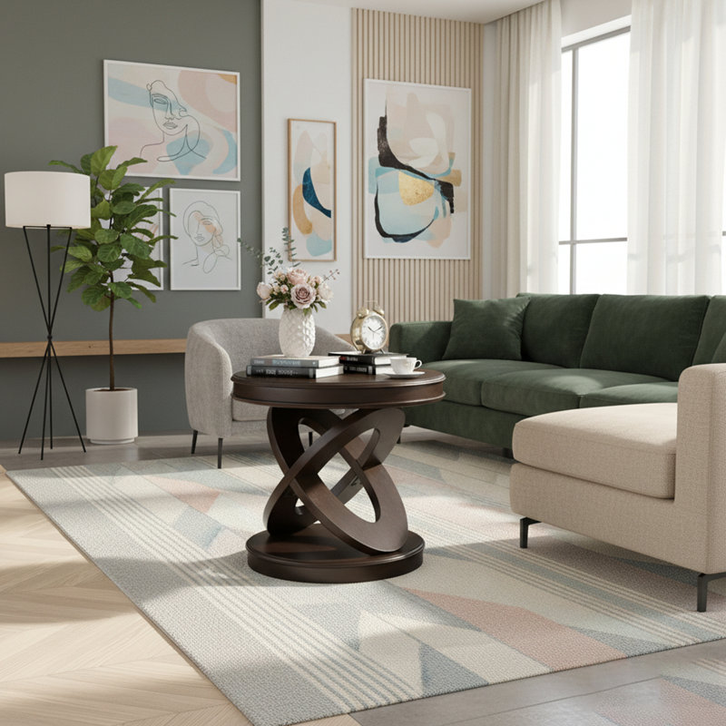 Retro Round Wooden End Table, Sofa Side Table With X-Shape Base For Family Dining Or Living Room, Espresso
