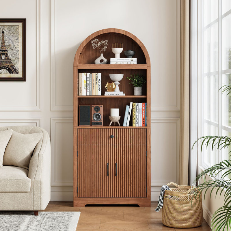 70.86''H Arched Storage Bookcase With Fluted Door And Drawer, Walnut