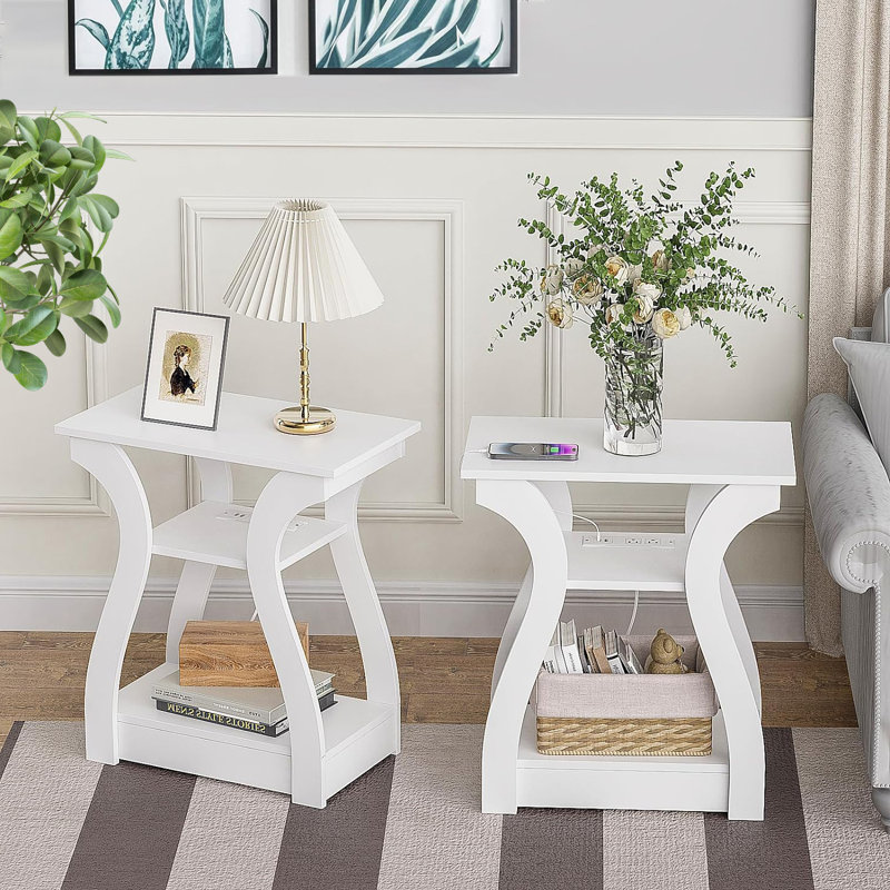 Arthus End Table and Built-In Outlets, White