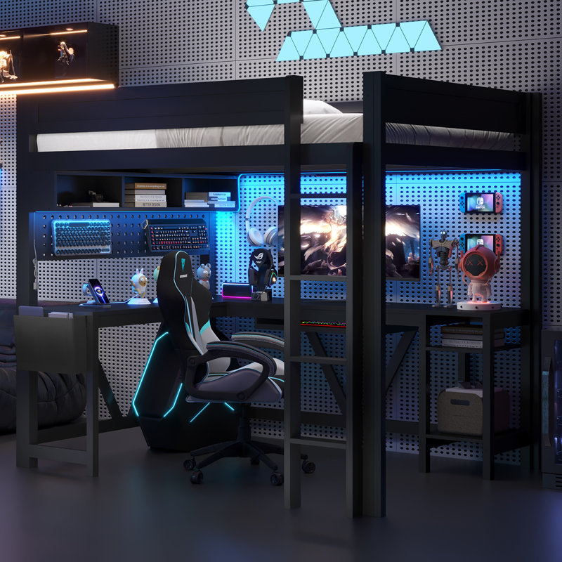 Full-Size Wood Gaming Loft Bed with Desk, Storage Shelves, LED Light & USB Charging Station, Black, Black
