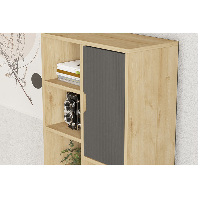 Bibliothèque saphir avec accents anthracite 58,0 x 63,0 x 11,8 pouces | 100% panneau de particules enduit de mélamine, pieds en fer, plusieurs tablettes de rangement | Design industriel moderne, décoration intérieure durable et élégante