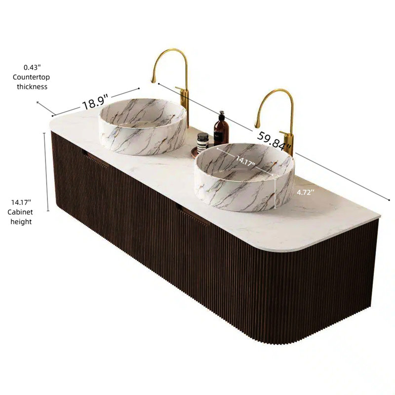 Meuble-lavabo de 60 po avec lavabos et rangement mural, 2 lavabos en céramique blanche à motif de pierre, noyer foncé, pré-assemblé, armoire en contreplaqué fiable