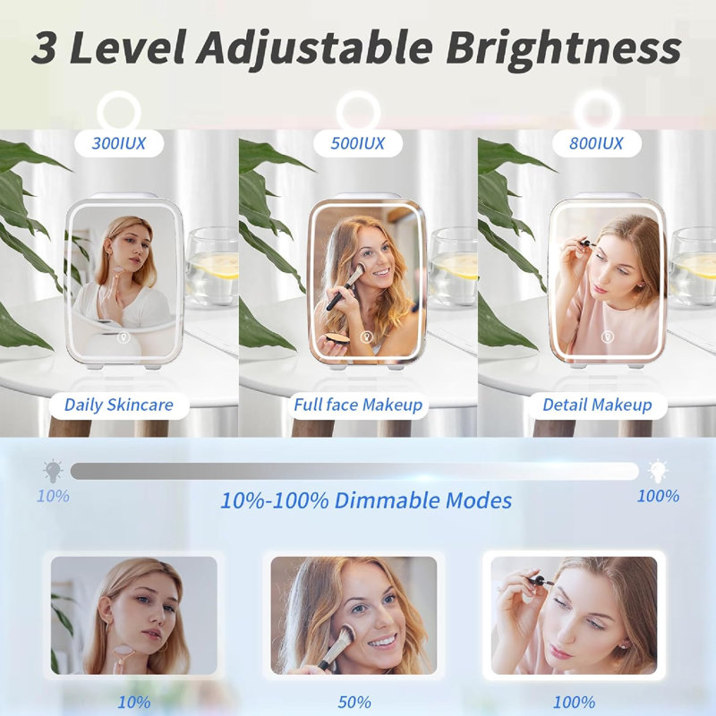 Compact Skincare Fridge With LED Mirror For Desk Organization And Beauty Routine Enhancement, Offering Convenient Cold And Warm Storage For Makeup, Skincare, And Small Food Items.