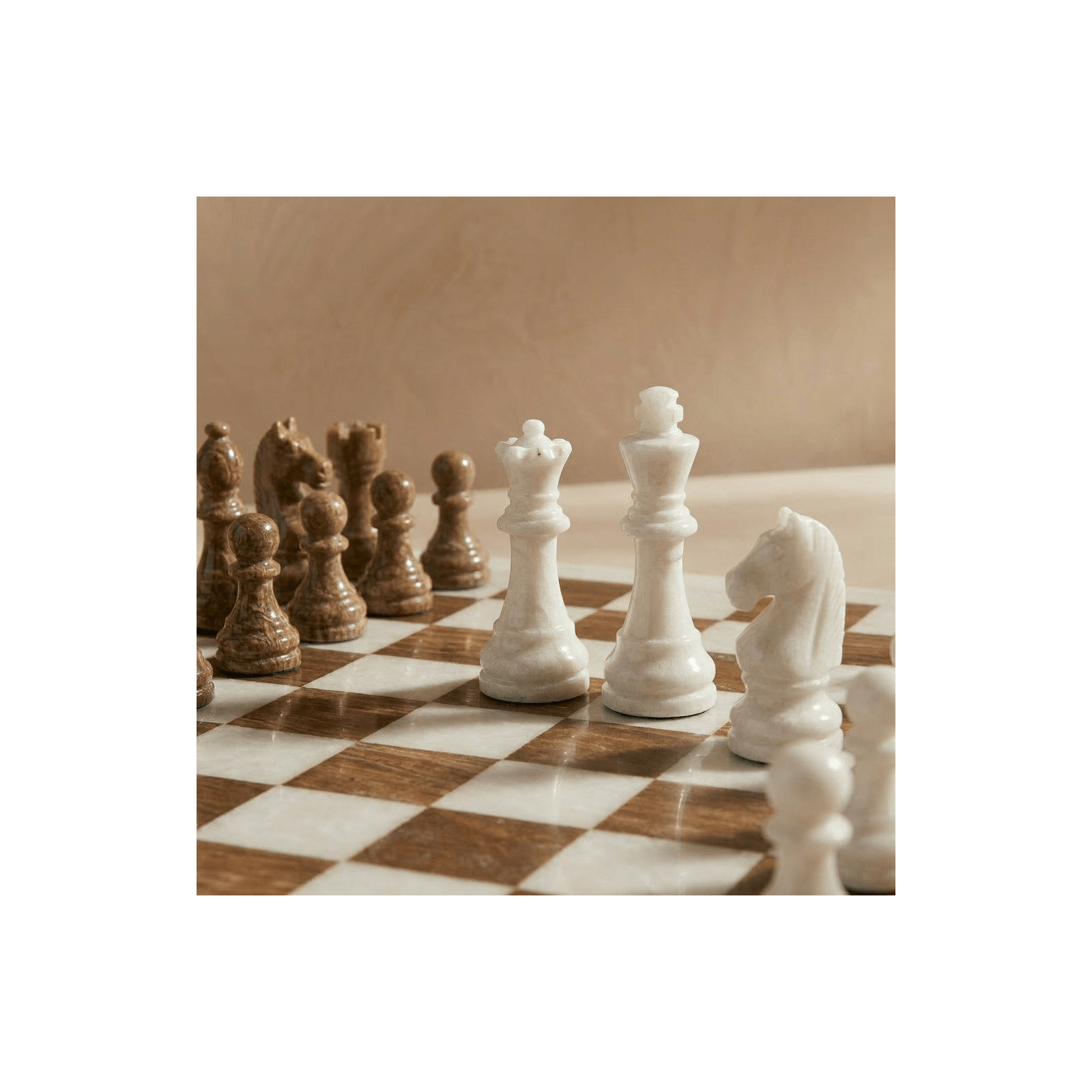 14" Handmade Marble Chess Set - Large Size Luxury Marble Chess Set With Elegant Gift, Brown/White
