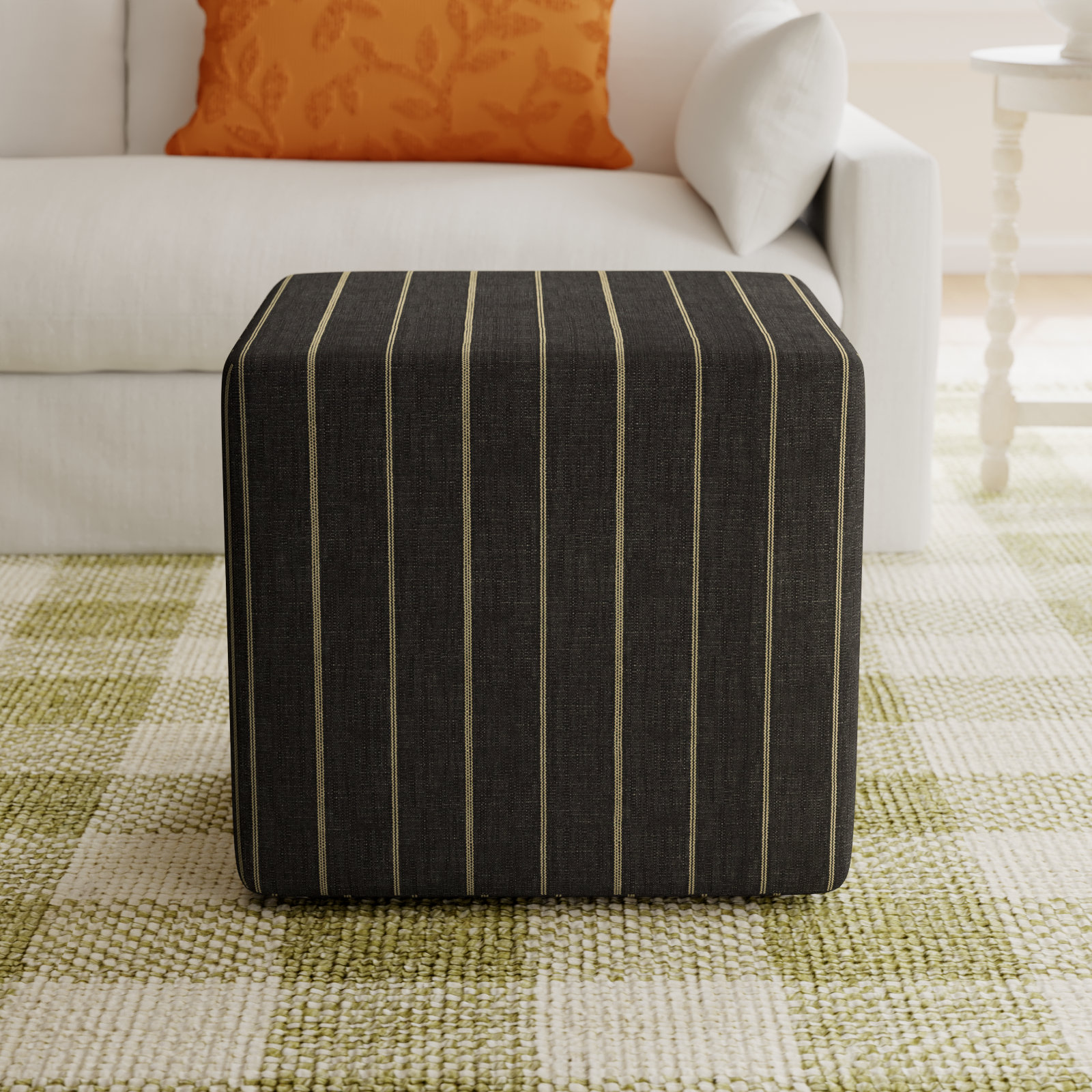 Era Upholstered Ottoman, Fritz Peppercorn Stripe