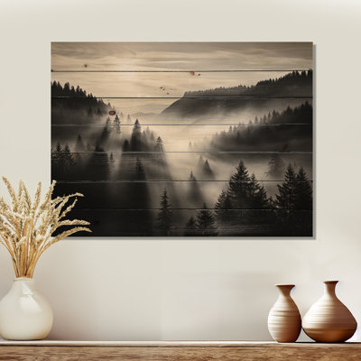 Mysterious Misty Mountain Morning - Minimalism Wood Wall Art On Natural Pine Wood