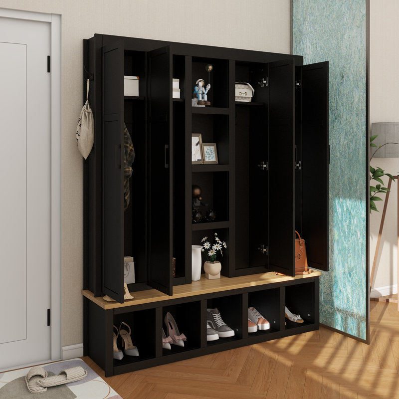 Arbre d'entrée 4 en 1 de 62,9 po de style campagnard avec 6 crochets de suspension, banc à grain de bois pour vestibule avec compartiments ouverts, armoire à chaussures pour l'entrée avec banc de sièges pour le salon, couloir, noir