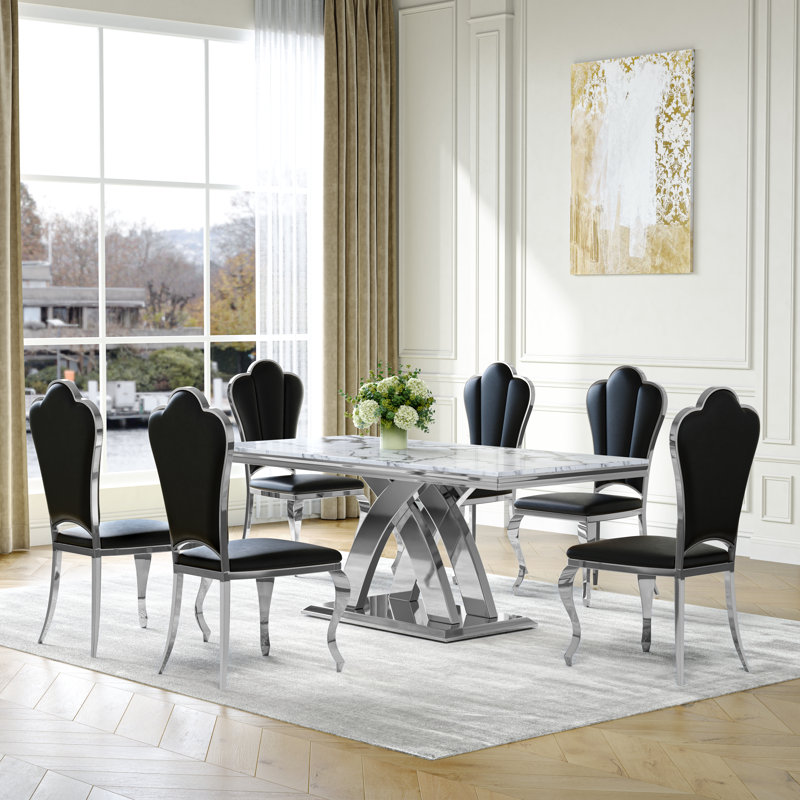 Ensemble de salle à manger rectangulaire en marbre de 7, plateau en faux marbre et base en acier inoxydable en forme de X avec 6 chaises en cuir luxueuses