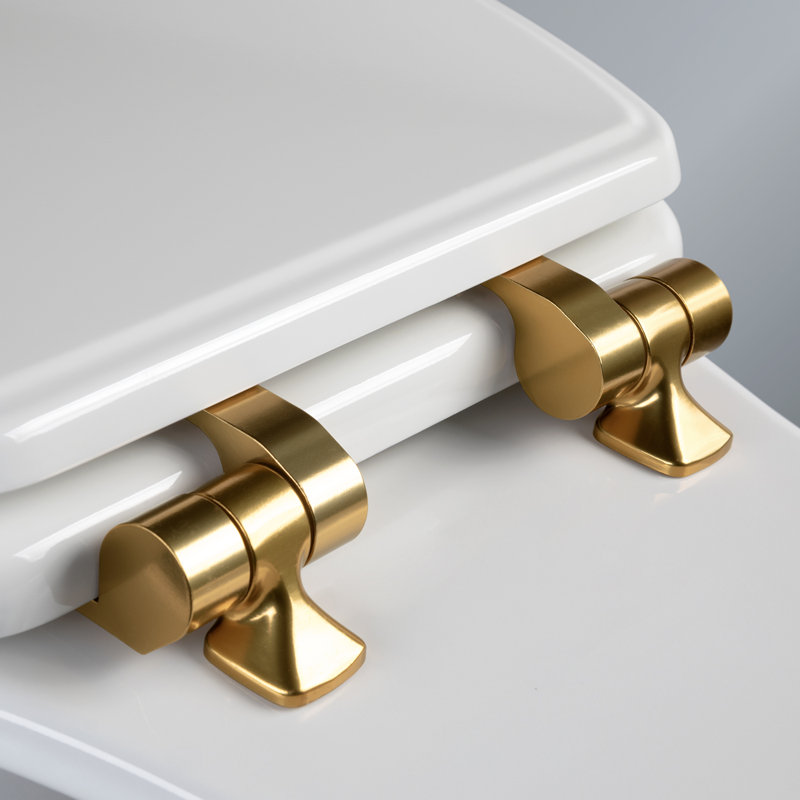 Bennett Toilet Seat with Metal Hinges, Slow Close Wood Seat, Easy Install, Elongated, White, Brushed Gold