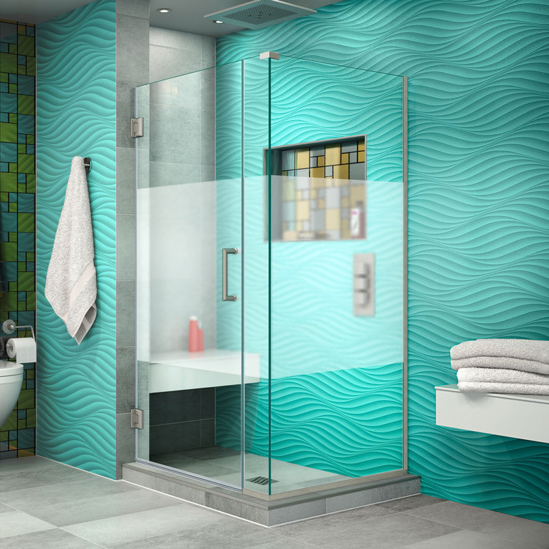 Porte de douche à charnière sans cadre 31 po x 72 po avec technologie Clear Max Unidoor Plus, Nickel brossé
