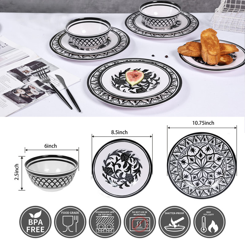 Black and White Melamine Dinnerware Set, Service for 4