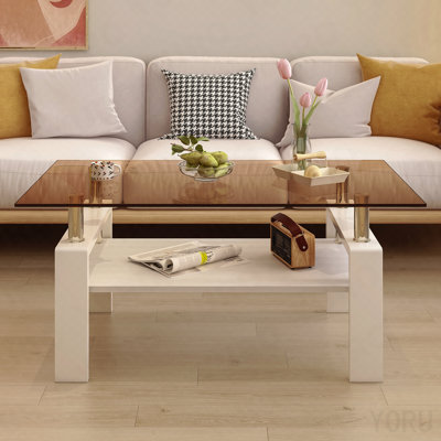 Rectangle Coffee Table, Tempered Glass Tabletop With MDF Layer, Modern Table For Living Room - Brown Glass