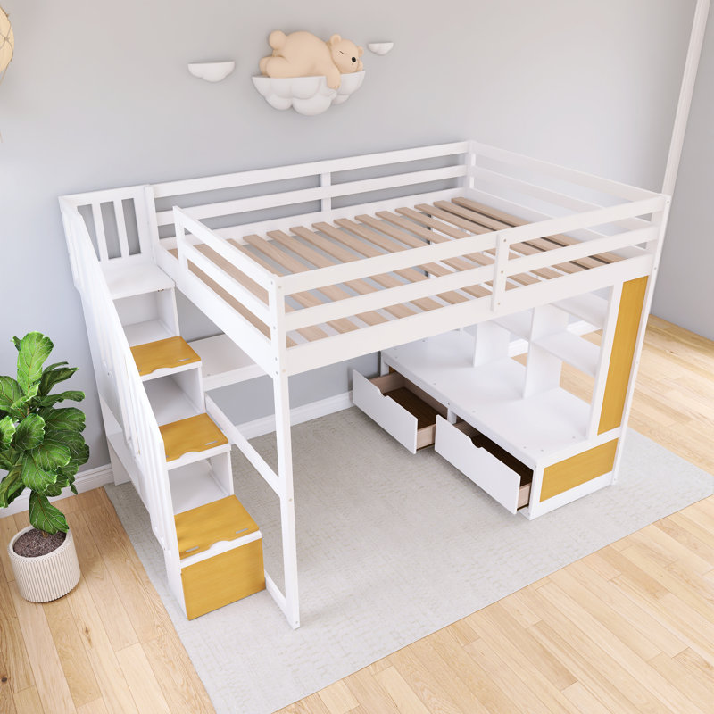 Lit mezzanine double en bois avec bureau et tablettes, Naturel / Blanc