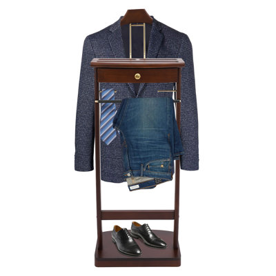 Walnut Freestanding Sturdy Base Wooden Suit Clothes Coat Stand With Drawer