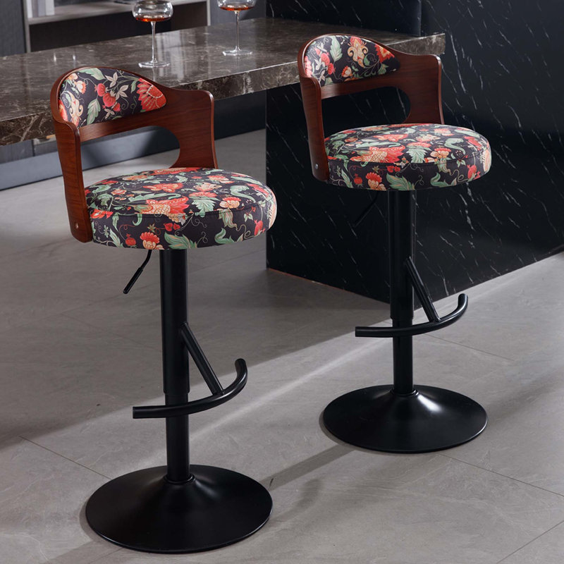 Ensemble de 2 tabourets de bar, tabourets de bar réglables en bois cintré, chaises pivotantes à hauteur de comptoir avec dossier et siège rembourré, pour bar, cuisine, salle à manger