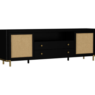 Coastal - Colored 79 Inch Black Tv Stand For 80 89 Inches Tvs, Featuring Dual Drawers, Hemmed Cabinets And Adjustable Shelving On Aged Brass Metal Supports Primary Living Spaces Measuring Inches, Two