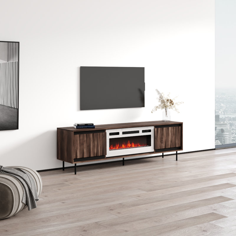 Meuble télé 71 po avec foyer électrique Swing, finition mate, rangement pour médias, Blanc