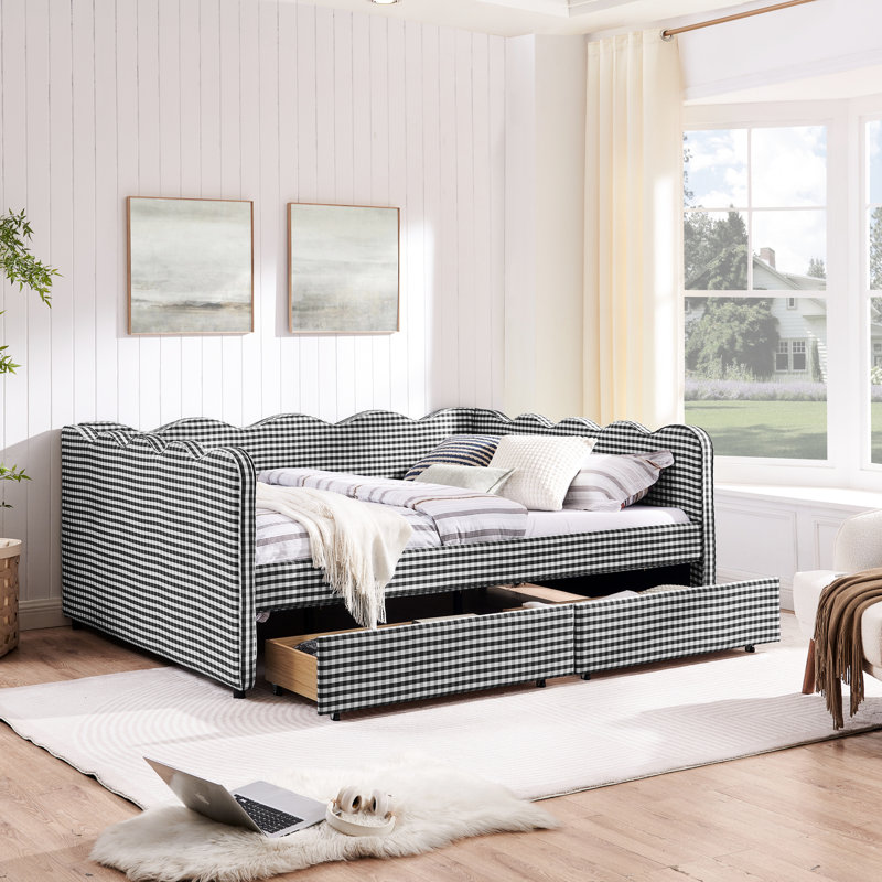 Grand lit de jour en forme de vague avec revêtement en lin, deux tiroirs de rangement, port - Multifonctionnel pour un port quotidien confortable, chambre à coucher