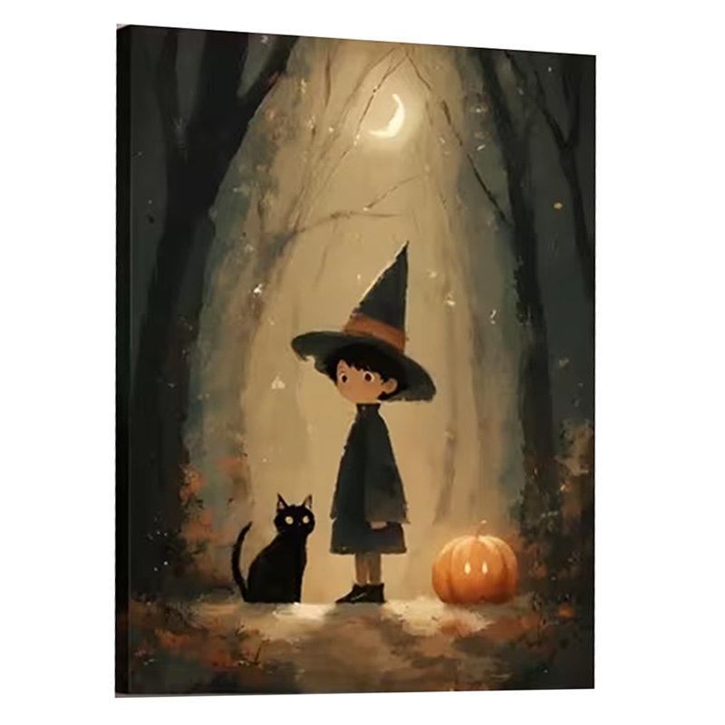 2D Flat Print on Canvas, Wall Art Set of, a Little Boy Dressed as Witch with Black Cat by His Side and Moo for Office.
