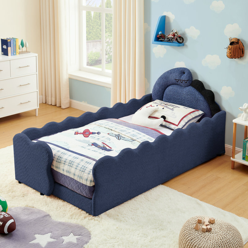 Cute Dinosaur-Shaped Kids Bed with Safety Guardraild, Solid Wood Toddler Bed Frame, Navy Blue