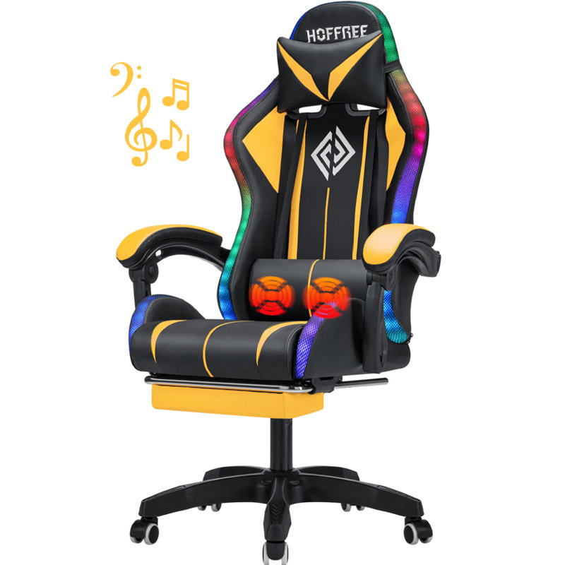 Hoffree LED Ergonomic Gaming Chair with Bluetooth Speakers and Vibration Lumbar Pillow, Purple/Black