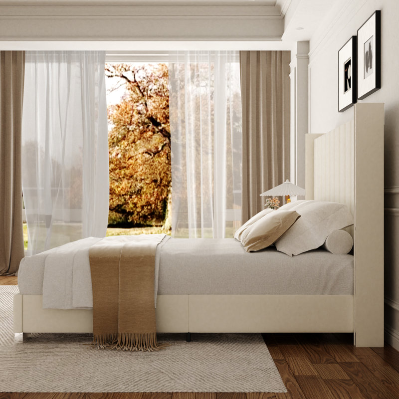 Structure de lit plateforme en velours avec tête de lit 58 po, Beige, Grand